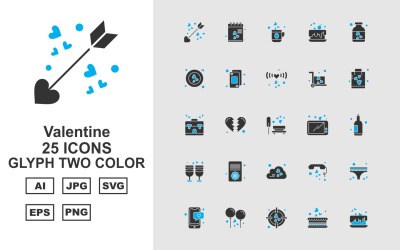 25 Premium Valentine Glyph İki Renkli Simge Seti