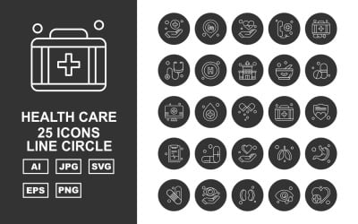 25 set di icone del cerchio della linea di assistenza sanitaria premium