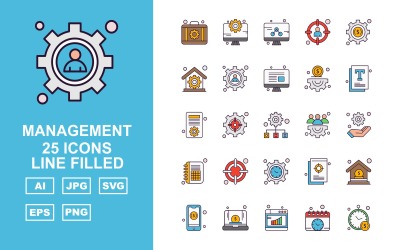 25 Premium Management Line Filled Icon Set