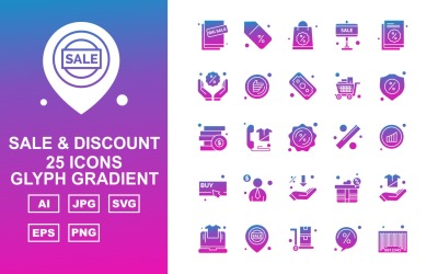 25 Premium Sale &amp;amp; Discount Glyph Gradient Icon Set