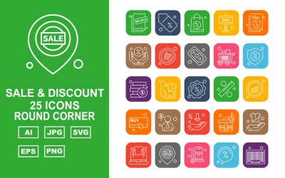 25 Premium Sale &amp;amp; Discount Round Corner Icon Set