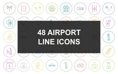 48 Conjunto de ícones de círculo redondo da linha de aeroporto