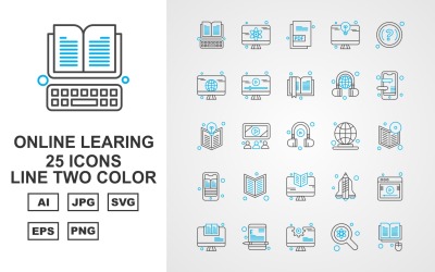 25 Conjunto de ícones de duas cores da Linha de Aprendizagem Online Premium