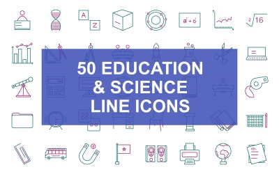 50 educación y ciencia línea dos colores conjunto de iconos