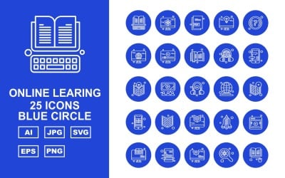 25 Premium Online Learning Blue Circle Icon Set