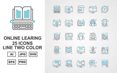 25 Premium Online Learning Line Conjunto de iconos de dos colores