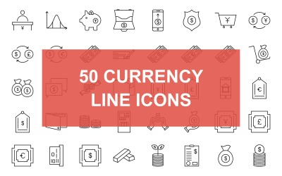 50 valuta linje svart ikonuppsättning