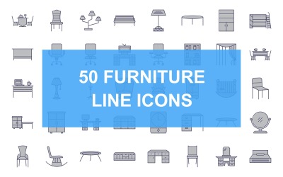 Conjunto de ícones preenchidos com 50 linhas de móveis