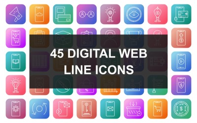 45 digitális web vonal négyzet alakú kerek színátmenet ikon készlet
