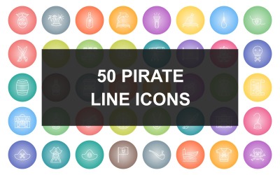 50 Pirate Line Round Gradient Icon Set