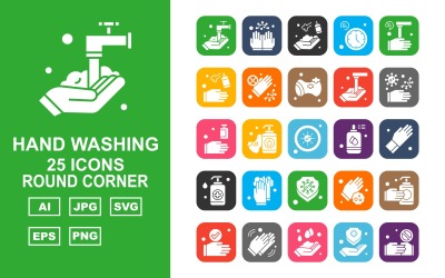 Conjunto de ícones de canto redondo para lava-mãos 25 Premium