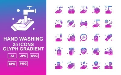 25 Conjunto de ícones de gradiente de glifo para lavagem de mãos premium