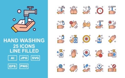 25 iconos llenos de línea de lavado de manos premium
