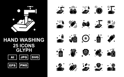25 Premium Hand Washing Glyph Icon Set