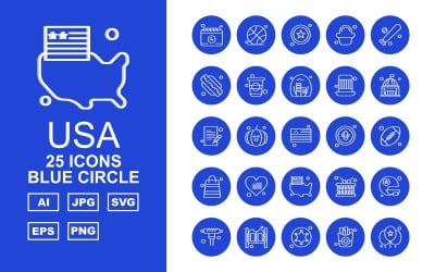 Conjunto de ícones de 25 círculos azuis premium dos EUA