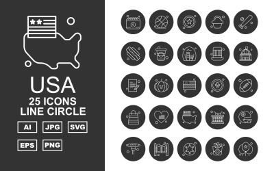 25 conjunto de iconos de círculo de línea premium de EE. UU.