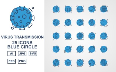 25 Prémium vírustovábbítási kék kör ikonkészlet
