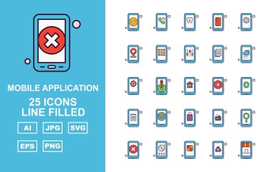Conjunto de iconos de paquete de iconos llenos de línea de 25 aplicaciones móviles premium
