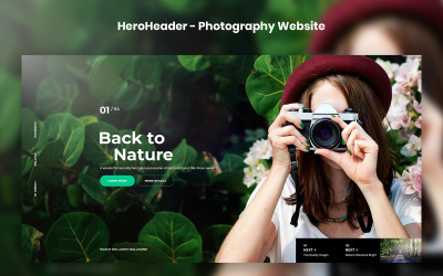 Elementos de interface do HeroHeader para sites de fotografia