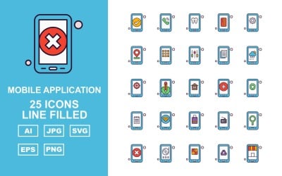 25 Iconet mit gefüllten Premium Mobile Application Line-Symbolen