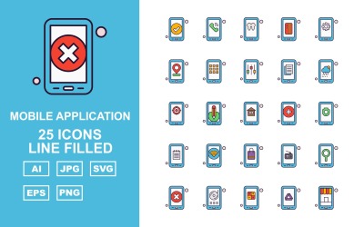 Sada ikon 25 Premium Mobile Application Line naplněná ikonou Icon Pack