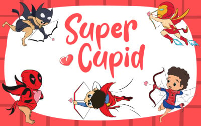 Set mit 5 Amor-Illustrationen, die als Valentinstag-Superhelden verkleidet sind