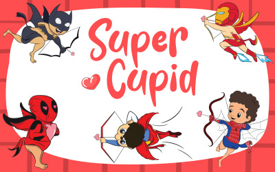 Uppsättning av 5 Cupid-illustrationer klädda som Valentine Superheroes