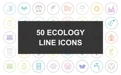 Conjunto de ícones de círculo redondo de linha de ecologia 50