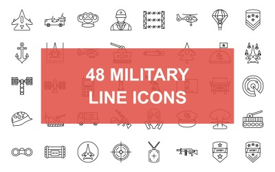 48 Conjunto de ícones pretos de linha militar