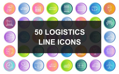 Conjunto de ícones redondos de gradiente de linha de logística 50