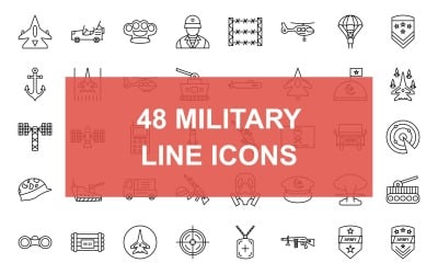 48 conjunto de iconos negros de línea militar