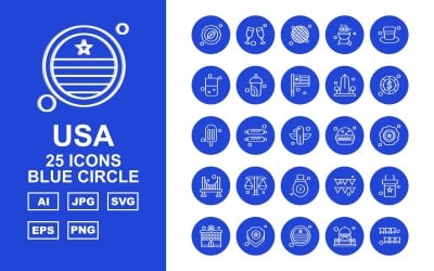 Paquete de 25 iconos premium de círculo azul de EE. UU.