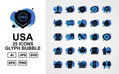 25 Premium USA Glyph Bubble Icon Pack Ikonuppsättning