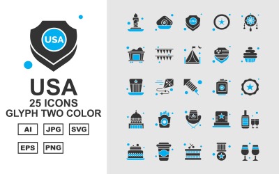 25 Premium USA Glyph Ikonuppsättning med två färger
