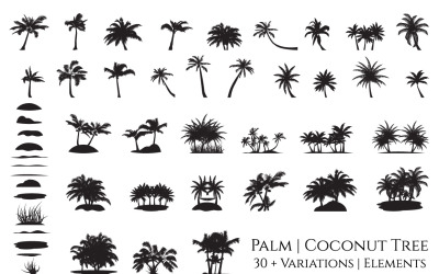 Insieme di elementi della siluetta dell&amp;#39;albero di palma da cocco