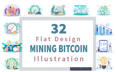 32 Mining Bitcoin Cryptocurrency Flat Design