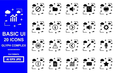 20 Pacote de ícones complexos de glifos de interface do usuário básico