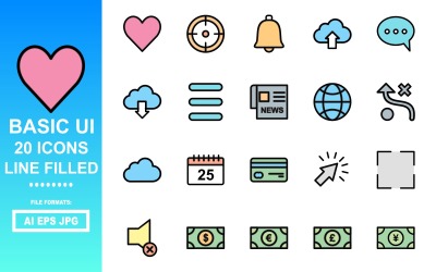 20 paquete básico de iconos llenos de líneas de UI