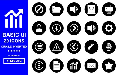 20 základních inverzních ikon kruhů uživatelského rozhraní