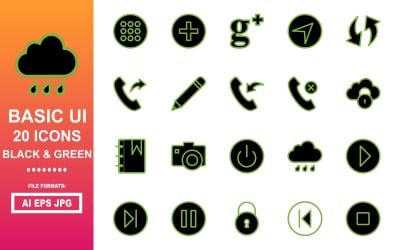 20 черно-зеленых значков базового интерфейса