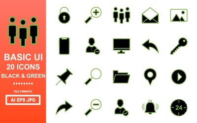 20 Icon Pack dell&amp;#39;interfaccia utente di base nero e verde