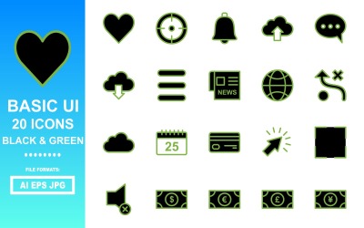 20 Pacote de ícones preto e verde básico da interface do usuário