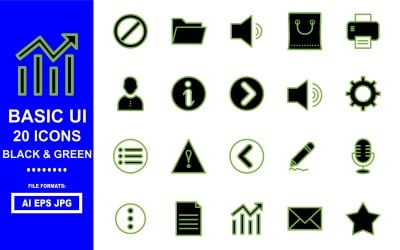 Zestaw 20 czarno-zielonych ikon z podstawowym interfejsem użytkownika