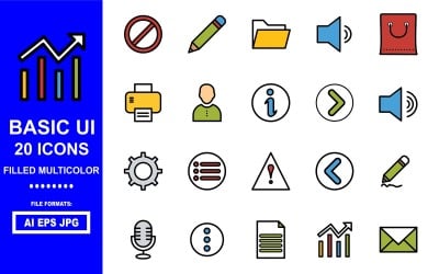 Paquete de iconos multicolor lleno de interfaz de usuario básica 20