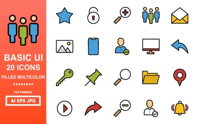 Zestaw 20 kolorowych ikon z podstawowym interfejsem użytkownika