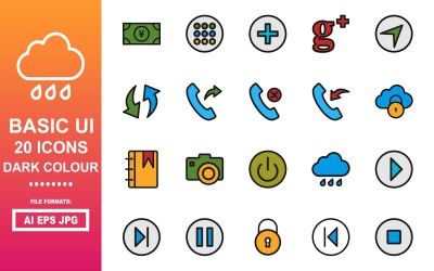 20 Pack d&amp;#39;icônes de couleur foncée de l&amp;#39;interface utilisateur de base