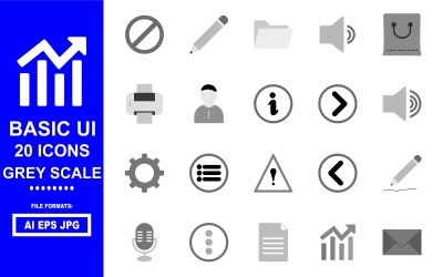 20 alapvető felhasználói felület szürkeárnyalatos ikoncsomag