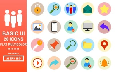 20 Pack di icone multicolore piatte dell&amp;#39;interfaccia utente di base