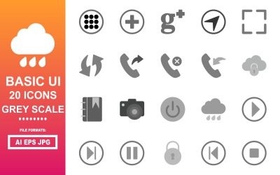 Pakiet 20 podstawowych ikon w skali szarości interfejsu użytkownika
