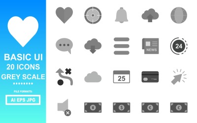 20 základních ikon šedé škály uživatelského rozhraní
